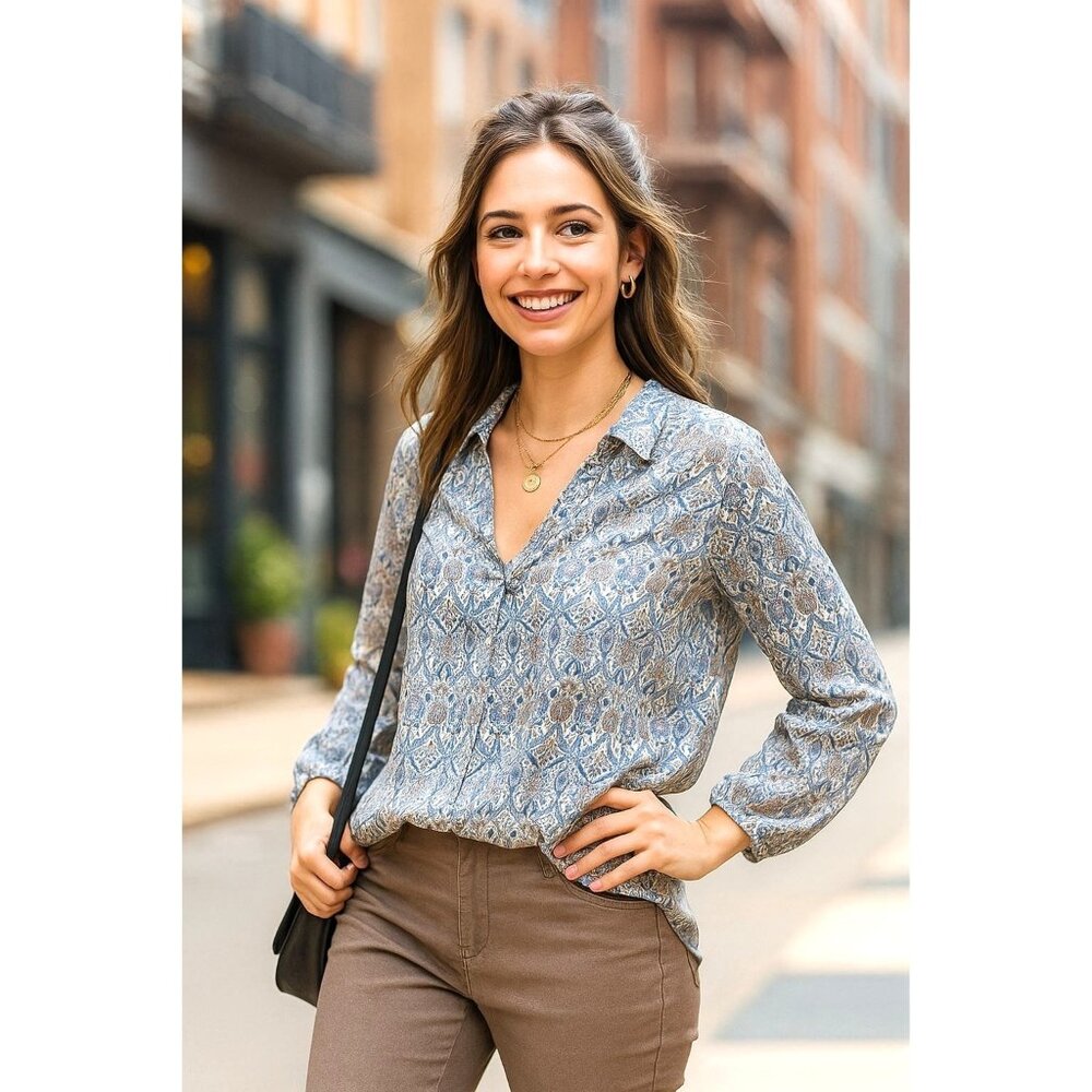 Max Studio XS High-low Blouse Long Sleeve Shirt V-neck Lightweight Relaxed Boho